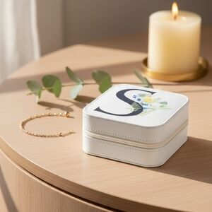 White Jewelry Box with Floral Design. Travel Box 4x4. Leather